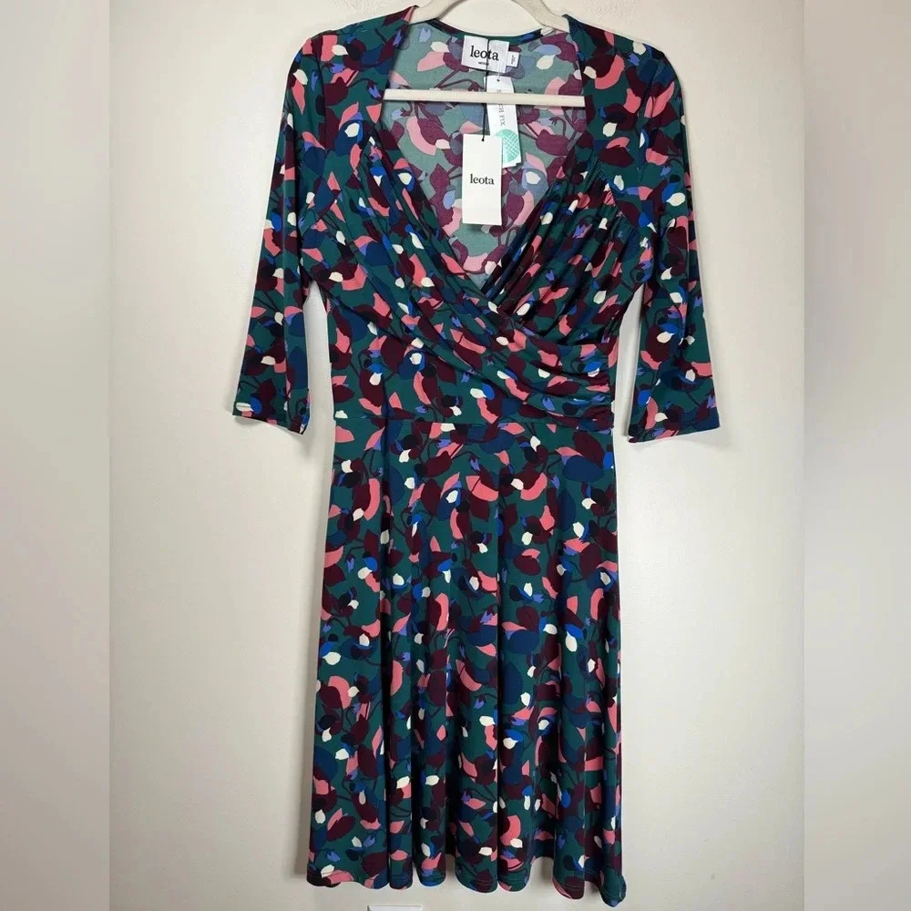 Leota “Noleena” Faux Wrap Style Abstract Print A-Line Dress Women’s Size Medium